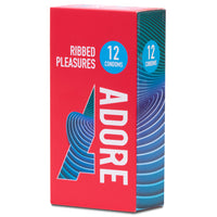 Adore Ribbed Pleasures Condoms (12 Pack) - Angled Packaging