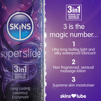 Skins Superslide Silicone Based Lubricant (Info 2 - 3 in 1 premium lube, massage oil, moisturiser)