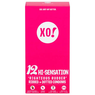 XO! Righteous Rubber Condoms Hi-Sensation (Ribbed & Dotted) - Front of Packaging